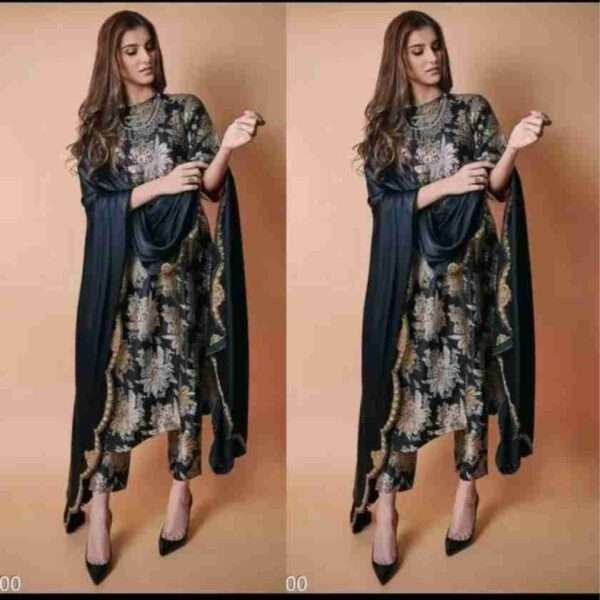 Buy Meeranshi Solid Women Black Pleated Kurta Trousers with Dupatta (Set of  3) online